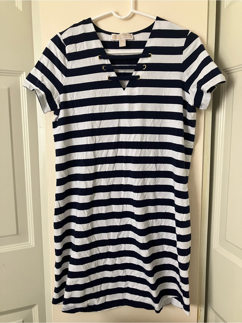 Michael Kors Navy & White Striped Lace-Up V-Neck Mini Dress